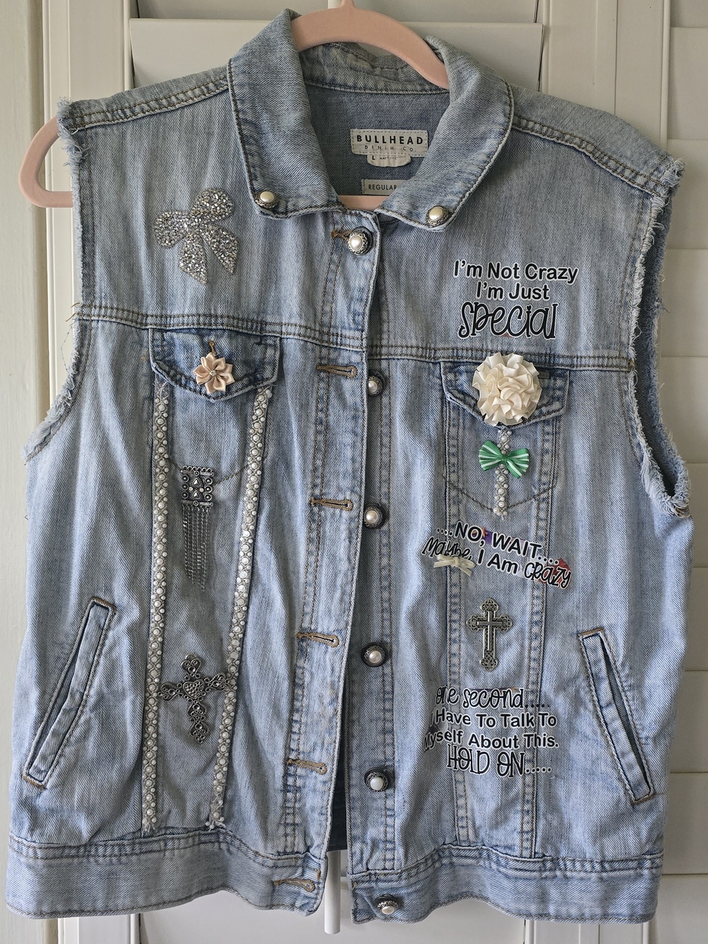 Bullhead Light Blue Denim Embellished Sleeveless Vest--upcycled